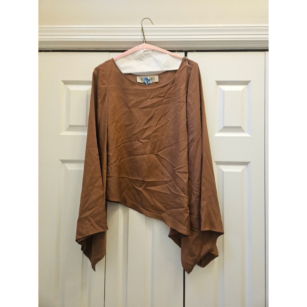 REIN Brown Satin Asymmetrical Long Sleeve Blouse Top Size L Chocolate Modern